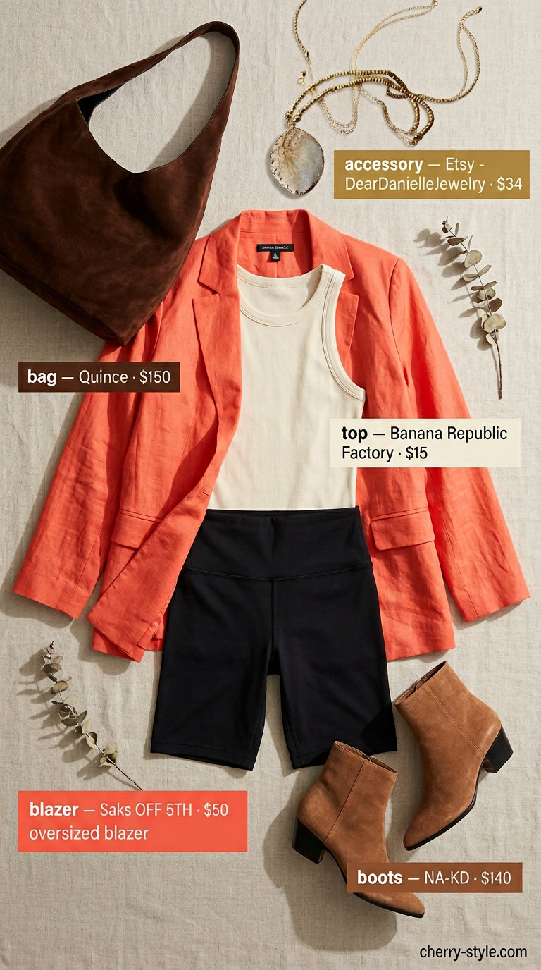 Terracotta linen blazer with black biker shorts & cream tank for summer festival outfits 2026.