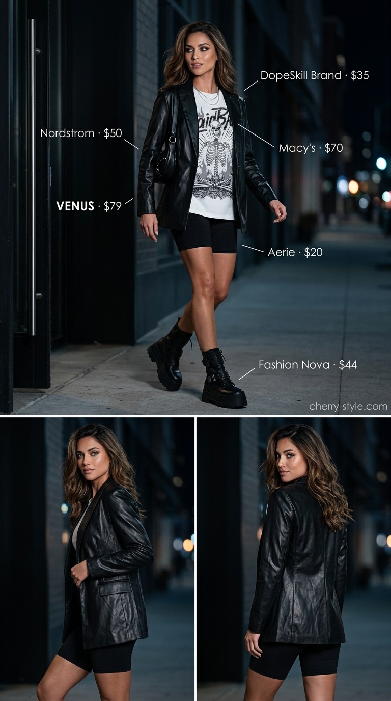 Biker shorts with blazer outfits for women summer 2026: Black faux leather blazer, graphic tee, black biker shorts, and platform boots.
