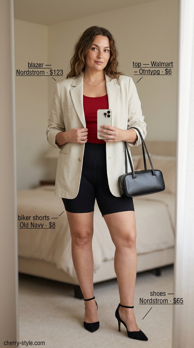 Black biker shorts with cream blazer & red tank for chic summer evening outfits 2026.