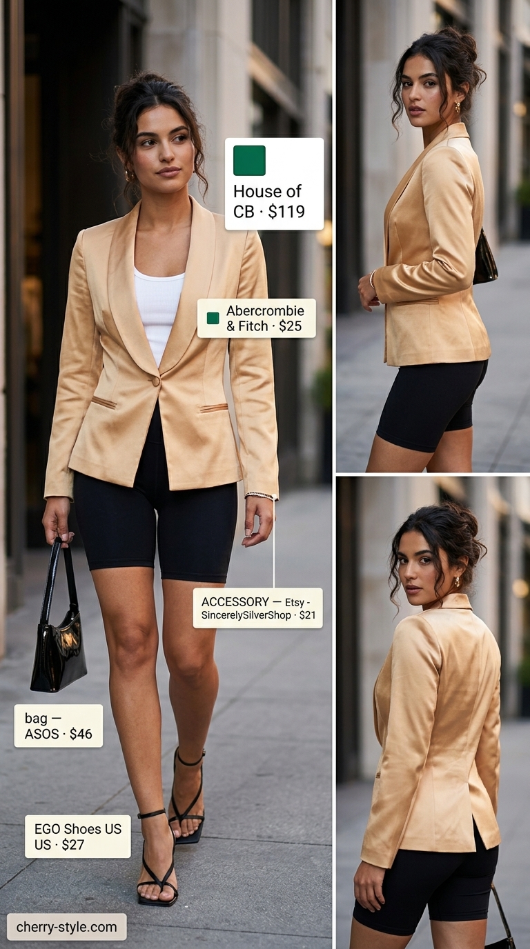 Black biker shorts with champagne blazer & white tank for elegant evening outfits 2026.
