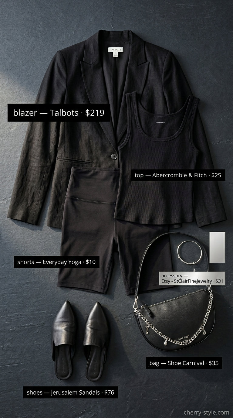 Biker shorts with blazer outfits for women summer 2026: All black outfit with linen blazer, biker shorts, ribbed tank, and mules.