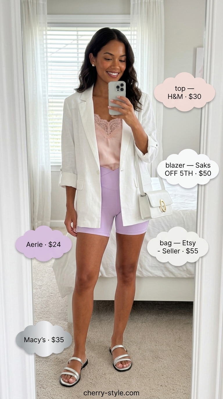 Biker shorts with blazer outfits for women summer 2026: Lilac biker shorts, white linen blazer, pink camisole for summer romance.