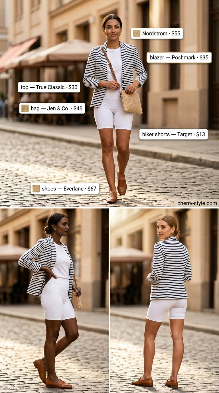 Biker shorts with blazer outfits for women summer 2026: Navy striped blazer, white tee, white biker shorts, and loafers for a preppy look.