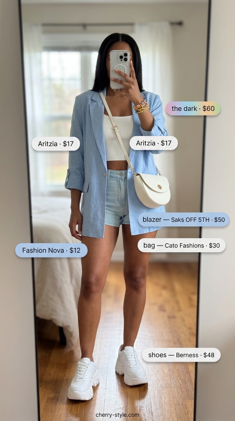 Biker shorts with blazer outfits for women summer 2026: Pastel blue blazer, denim biker shorts, white tank top, and platform sneakers.