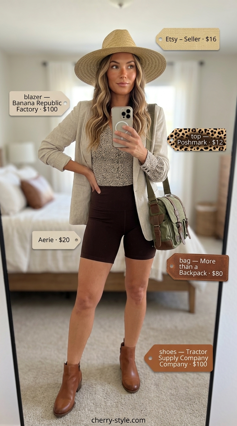 Biker shorts with blazer outfits for women summer 2026: Khaki biker shorts, beige linen blazer, animal print shirt, and ankle boots.
