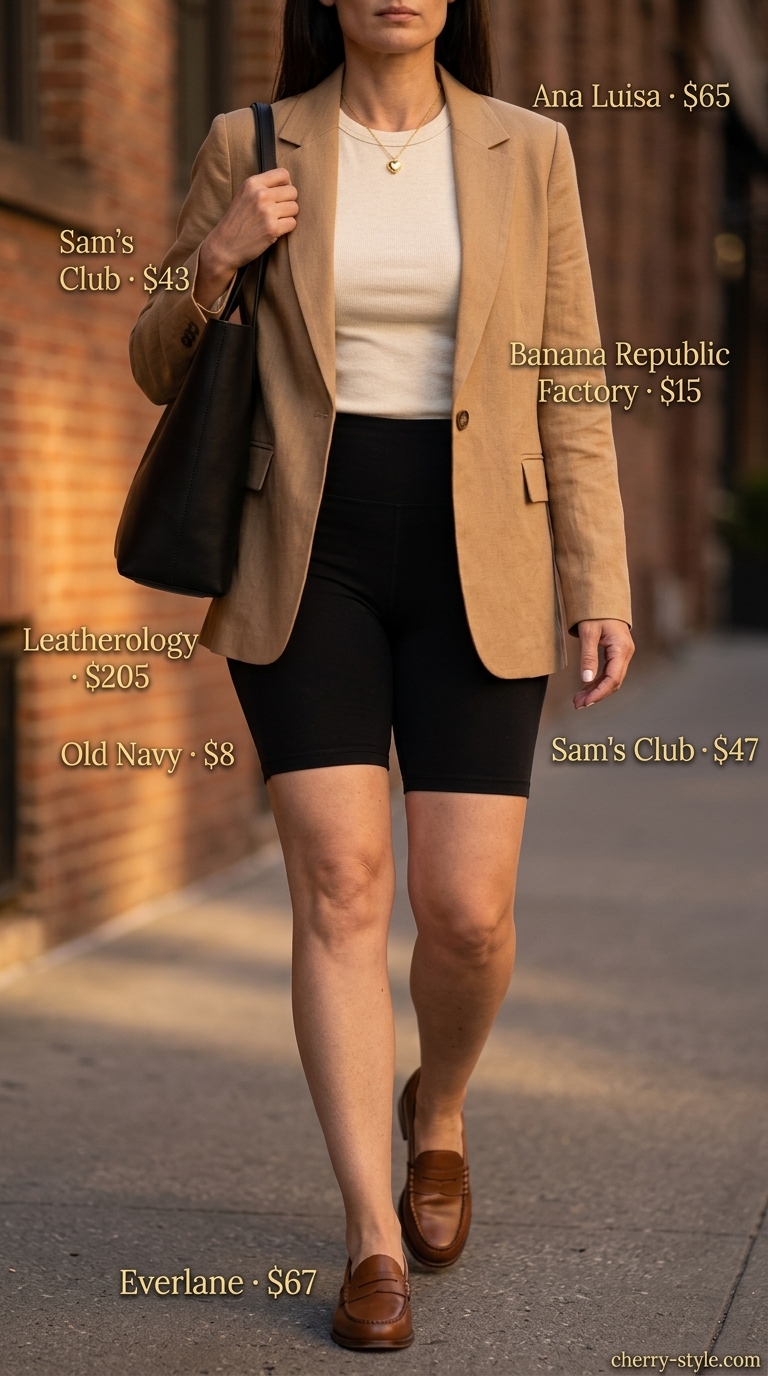 Camel blazer with black biker shorts & cream tank for sunset city outfits 2026.
