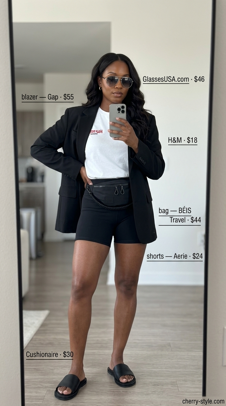 Biker shorts with blazer outfits for women summer 2026: Black oversized blazer, graphic tee, biker shorts, and slides for travel.