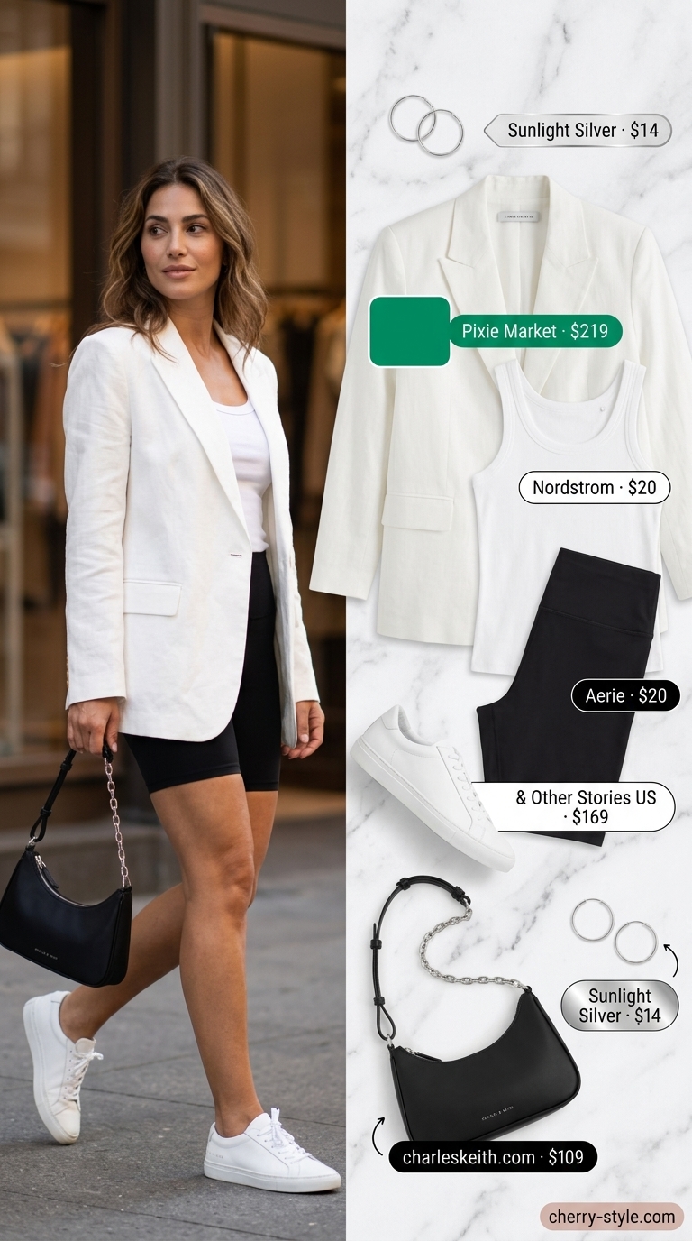 Black biker shorts with white tank & white blazer for urban oasis outfits 2026.