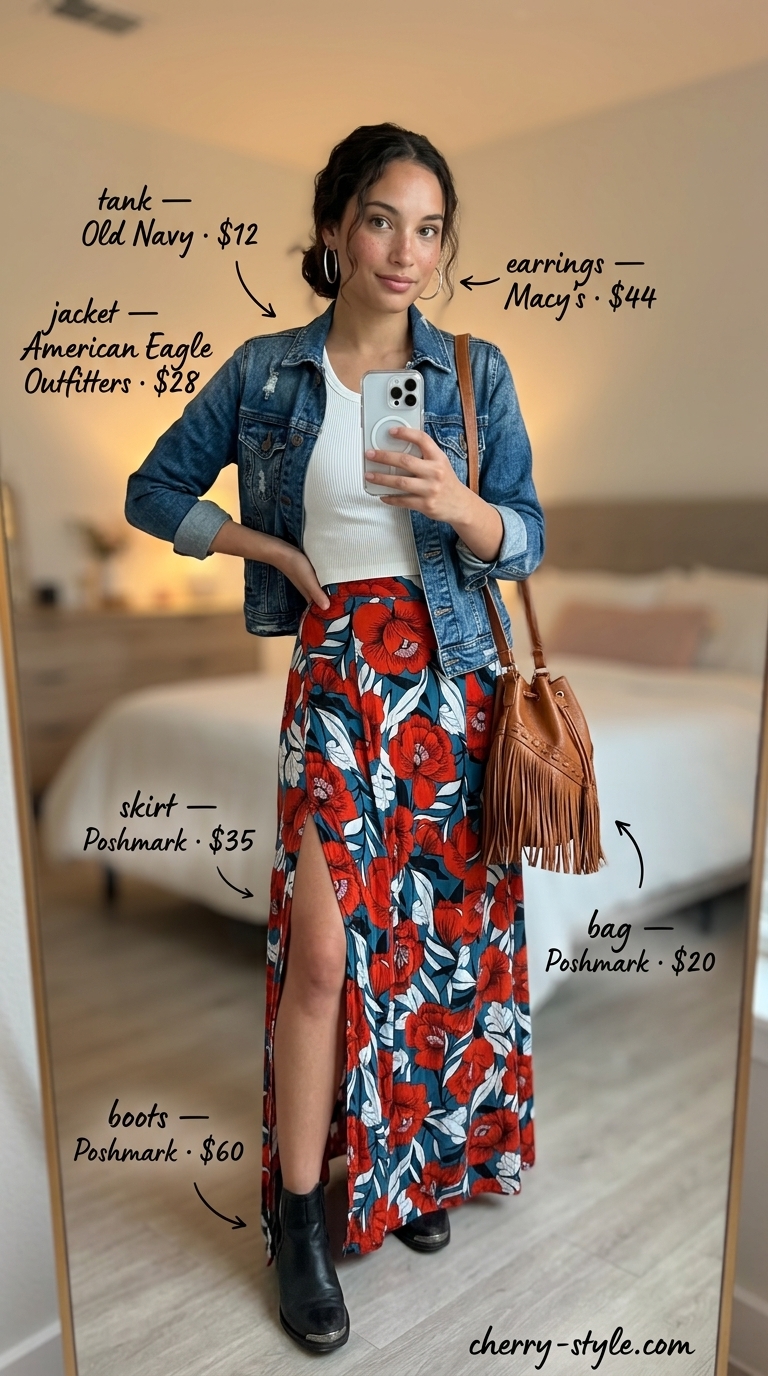 Boho floral summer outfits for women 2026: Floral maxi skirt, white tank, denim jacket, leather boots, fringe bag.