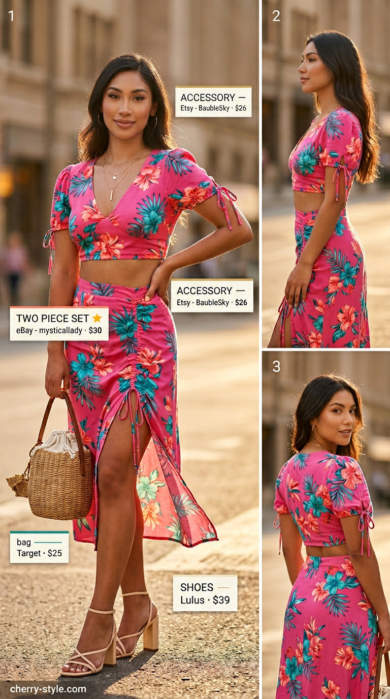 Boho floral summer outfits for women 2026: Teal/coral floral co-ord set, gold necklaces, raffia bucket bag, heeled sandals.