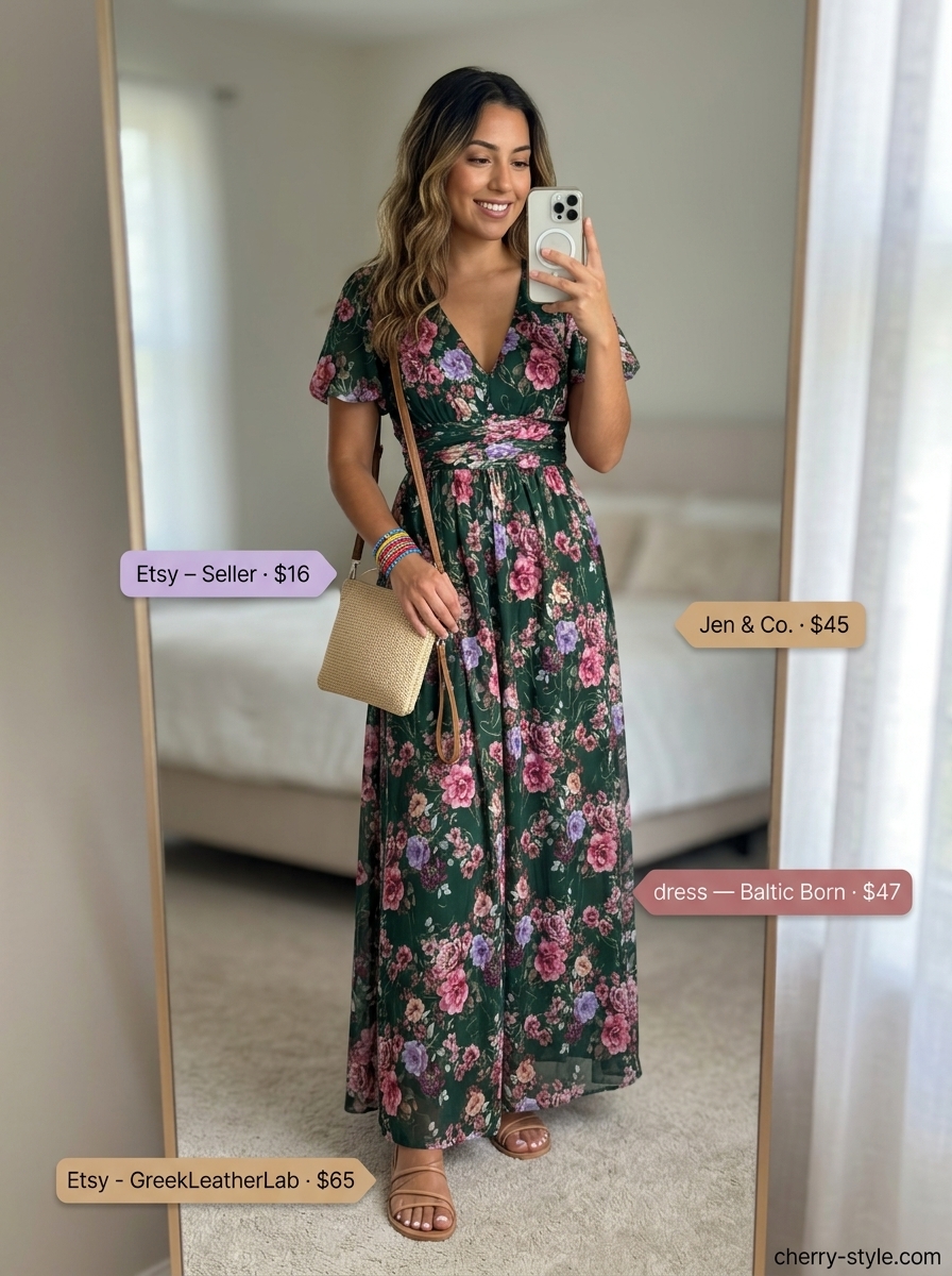 Boho floral summer outfits for women 2026: Pink/green floral maxi dress, straw bag, leather sandals, beaded bracelets.