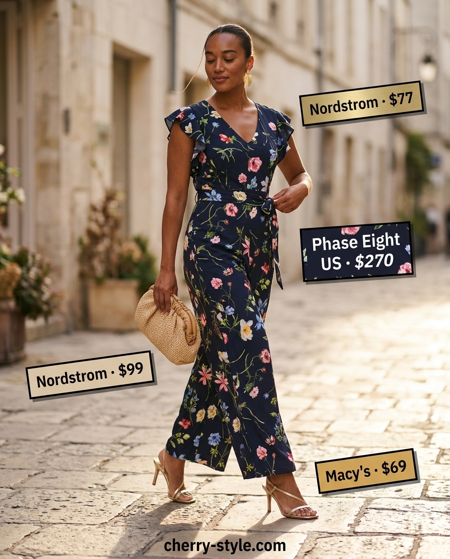 Boho floral summer outfits for women 2026: Navy floral wide-leg jumpsuit, gold sandals, statement earrings, straw clutch.