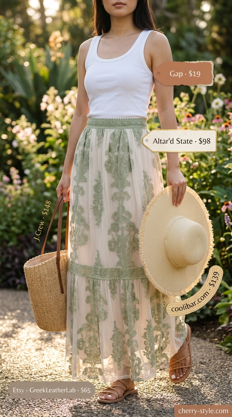 Boho floral summer outfits for women 2026: Green floral maxi skirt, white tank, straw hat, straw tote, leather sandals.