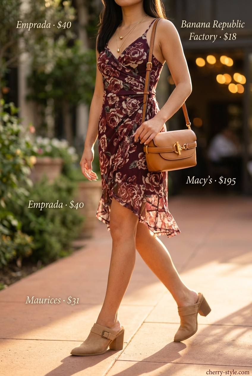 Boho floral summer outfits for women 2026: Burgundy floral wrap dress, cream mules, gold necklaces, tan crossbody bag.