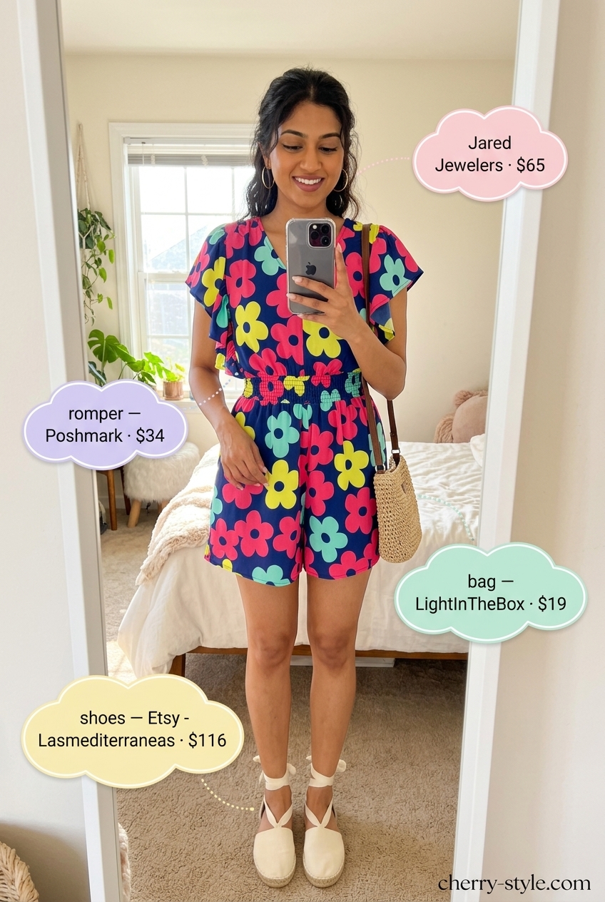 Boho floral summer outfits for women 2026: Bright floral romper, white espadrilles, gold hoops, and straw crossbody bag.