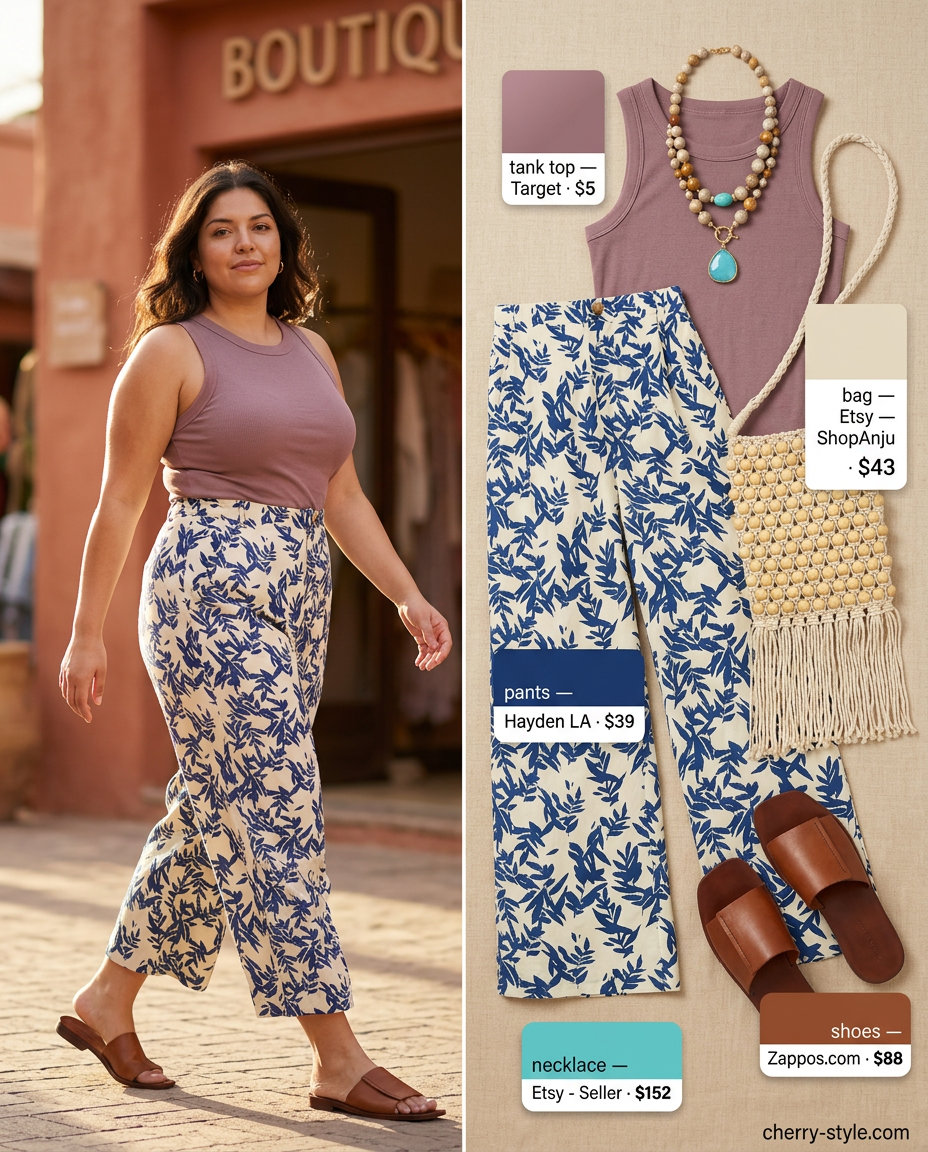 Boho floral summer outfits for women 2026: Cream tank, blue floral wide-leg pants, tan slides, gold necklaces.