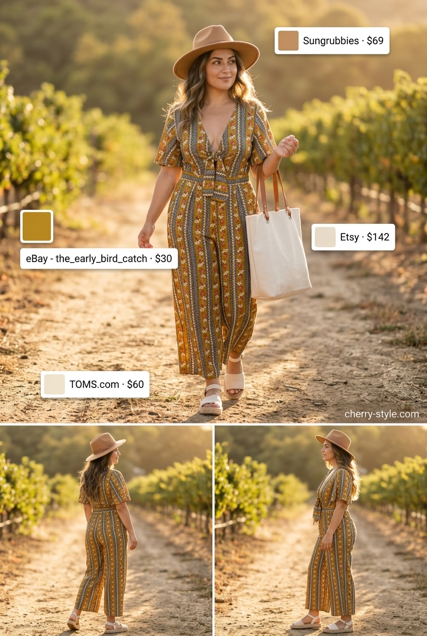 Boho floral summer outfits for women 2026: Mustard & olive floral jumpsuit, espadrilles, canvas tote, and fedora hat.