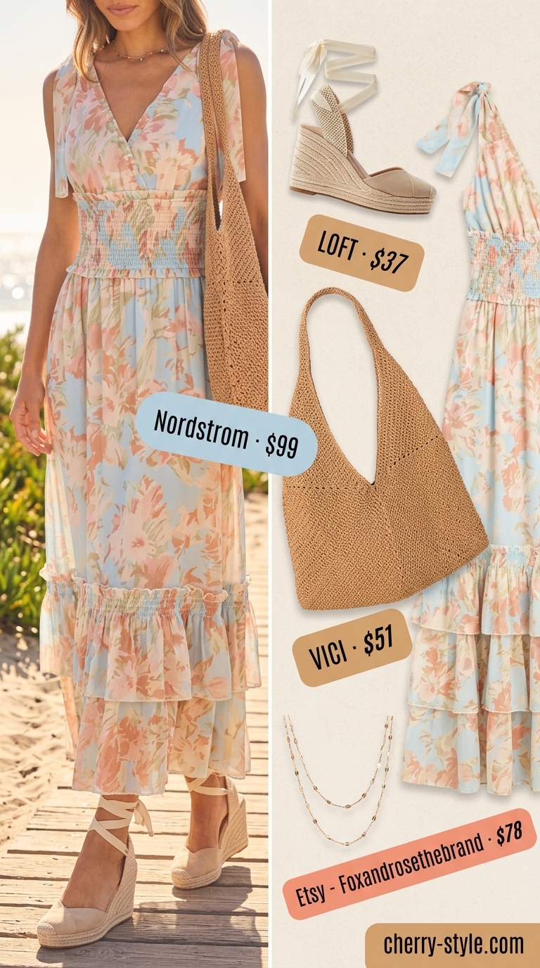 Boho floral summer outfits for women 2026: Flowing maxi dress with multi-floral print, espadrille wedges, and straw tote.