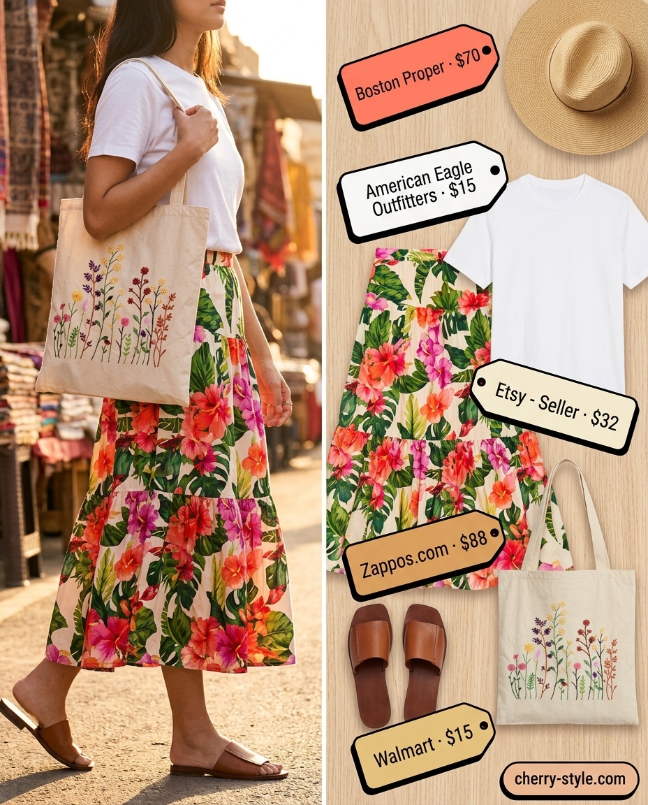 Boho floral summer outfits for women 2026: Pink floral midi skirt, white tee, leather slides, and straw hat for a picnic.