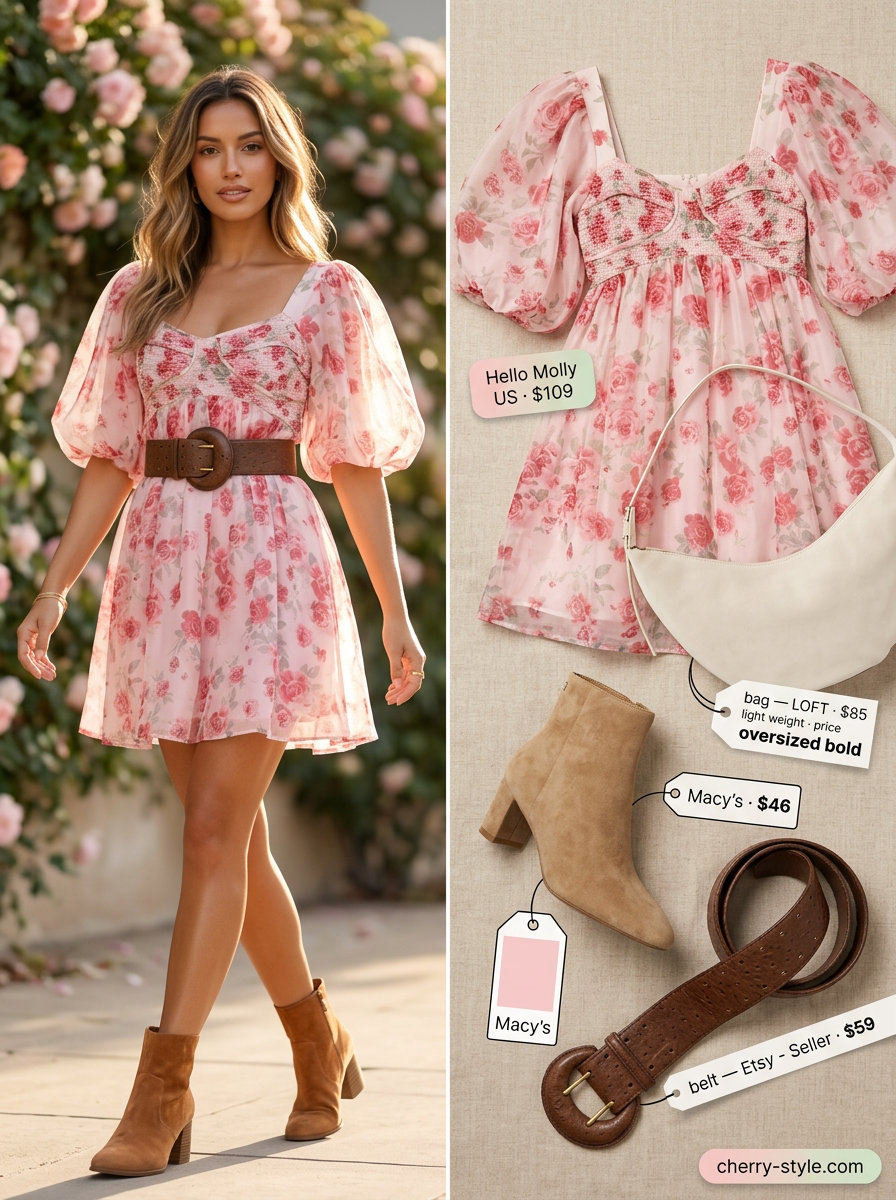 Boho floral summer outfits for women 2026: Pink floral mini sundress, brown belt, cream bag, suede boots for a picnic.