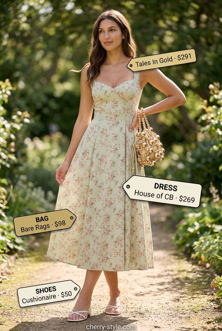 Boho floral summer outfits for women 2026: Pastel floral midi dress, cream block heels, gold necklace.