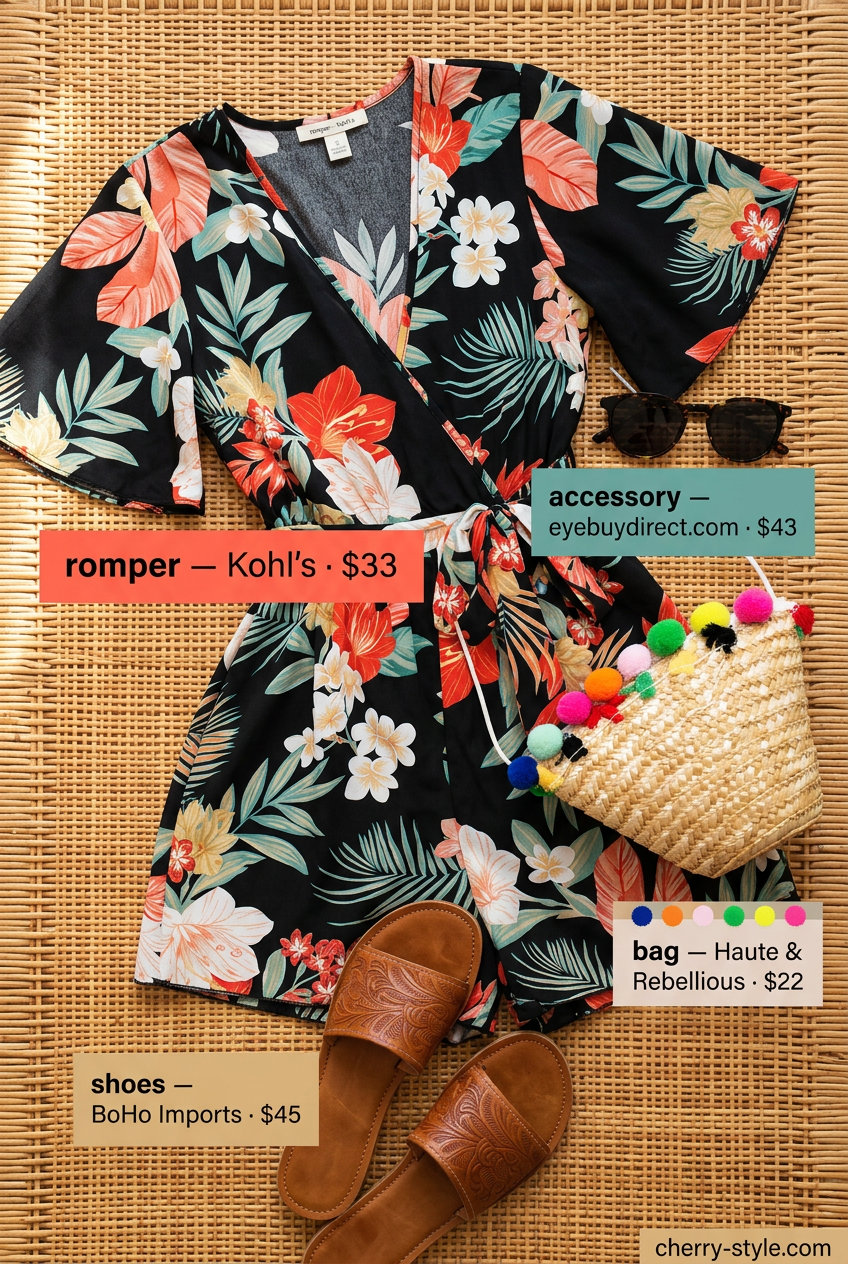 Boho floral summer outfits for women 2026: Coral & teal floral romper with tan slides and a woven wristlet.