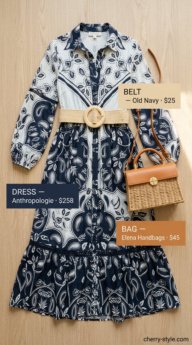 Boho floral summer outfits for women 2026: Blue & white floral shirtdress, woven belt, and tan ankle boots for a casual day out.