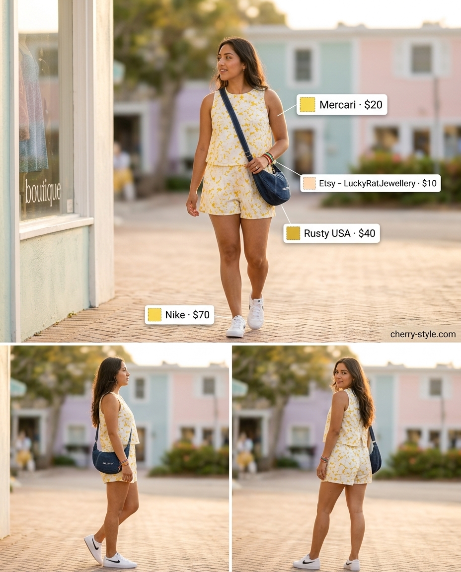 Boho floral summer outfits for women 2026: Yellow daisy print crop top & shorts set with white sneakers and denim crossbody.