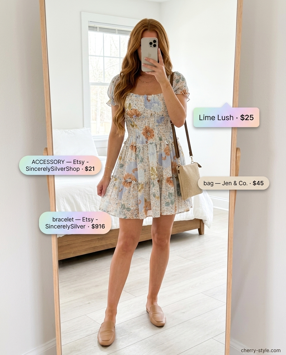 Boho floral summer outfits for women 2026: Pastel floral mini sundress, white espadrilles, straw crossbody.
