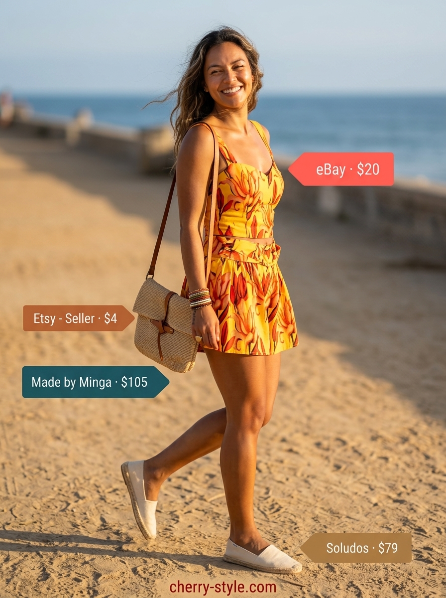 Boho floral summer outfits for women 2026: Orange floral shorts set, white blouse, brown crossbody, espadrilles.