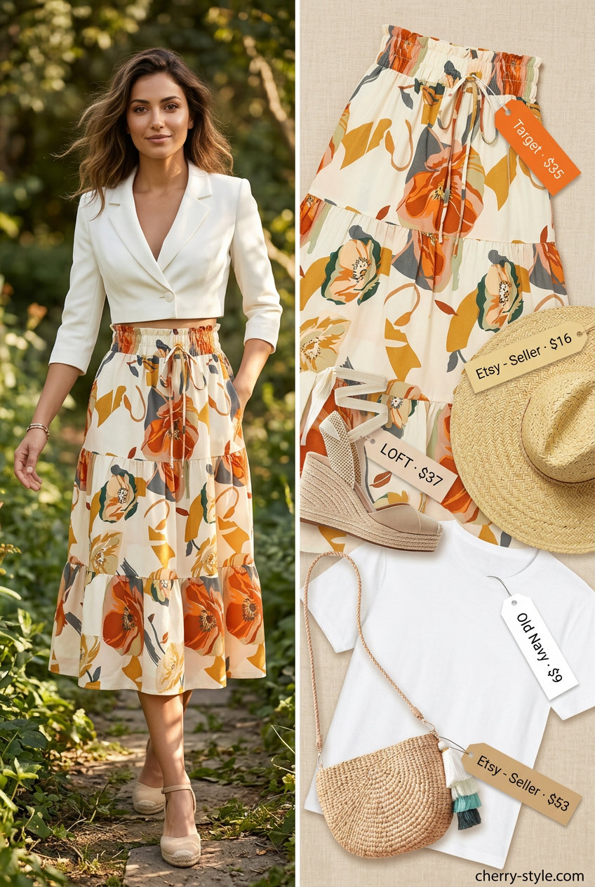 Boho floral summer outfits for women 2026: Floral midi skirt, white tee, straw hat, espadrille wedges.