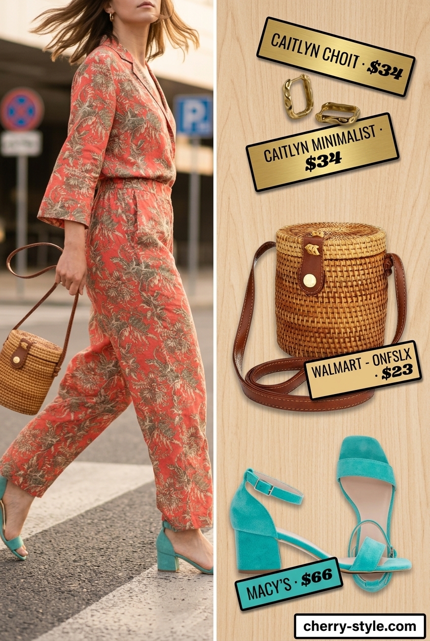 Boho floral summer outfits for women 2026: Coral/teal floral linen set, teal heels, straw bag, gold hoops.