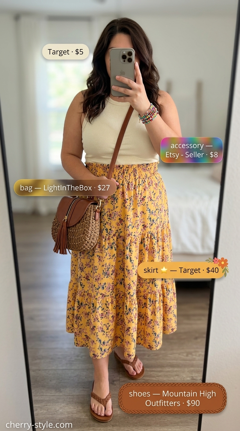 Boho floral summer outfits for women 2026: Multi-color floral midi skirt, cream tank, beaded bracelets, straw bag.