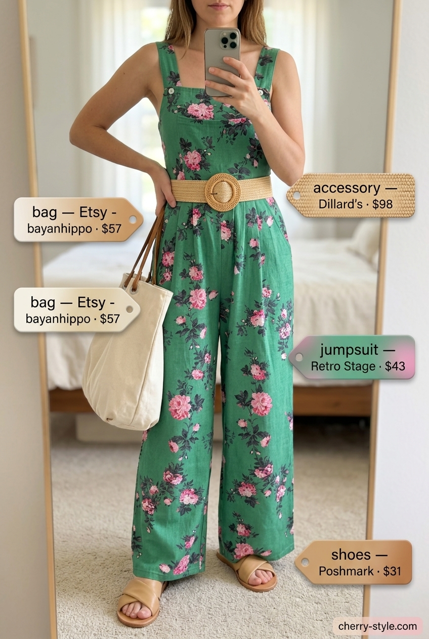 Boho floral summer outfits for women 2026: Olive green floral jumpsuit, tan slides, woven belt, canvas tote.