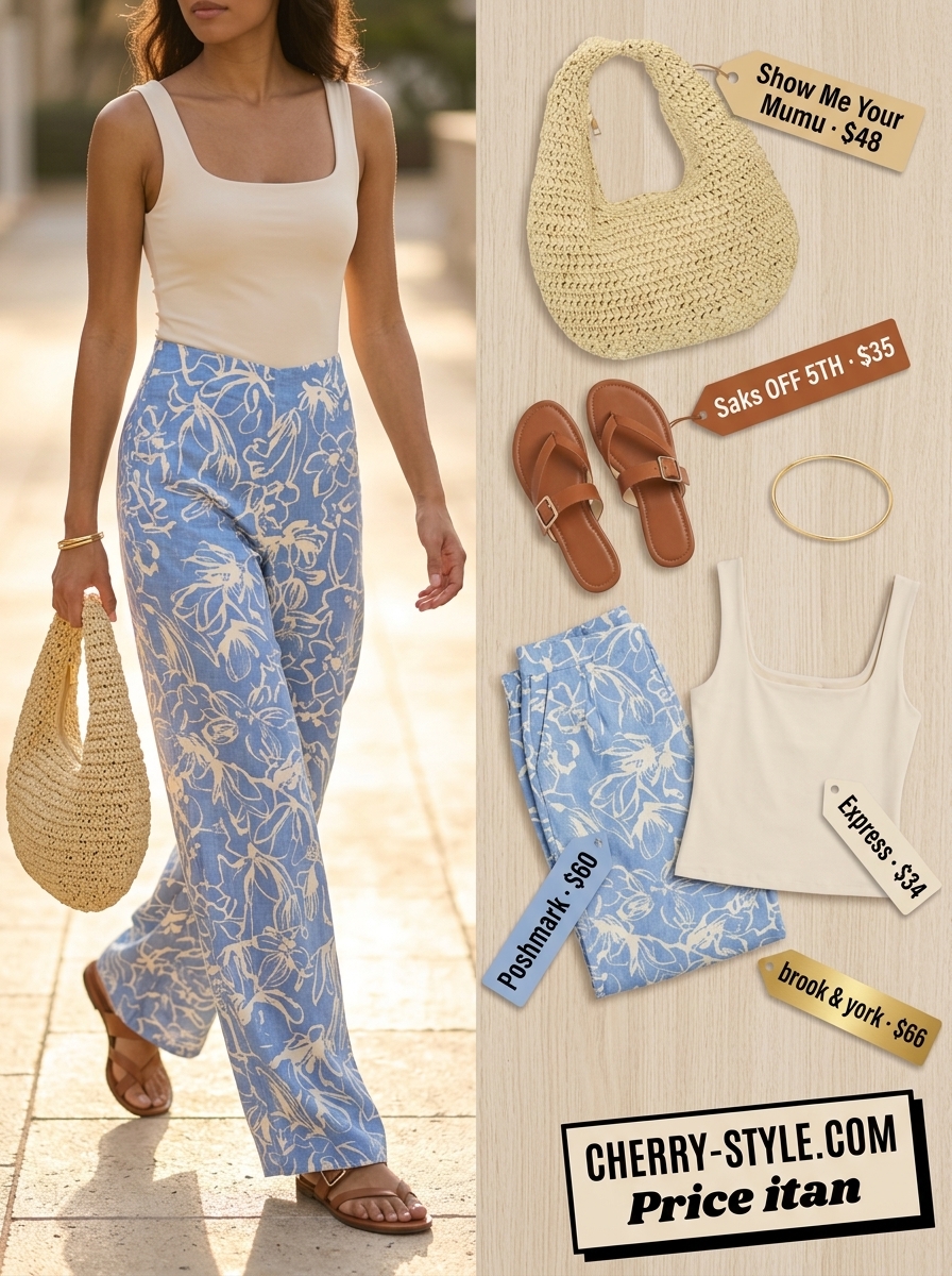 Boho floral summer outfits for women 2026: Light blue floral wide-leg pants, cream tank, leather slides, and raffia bag.