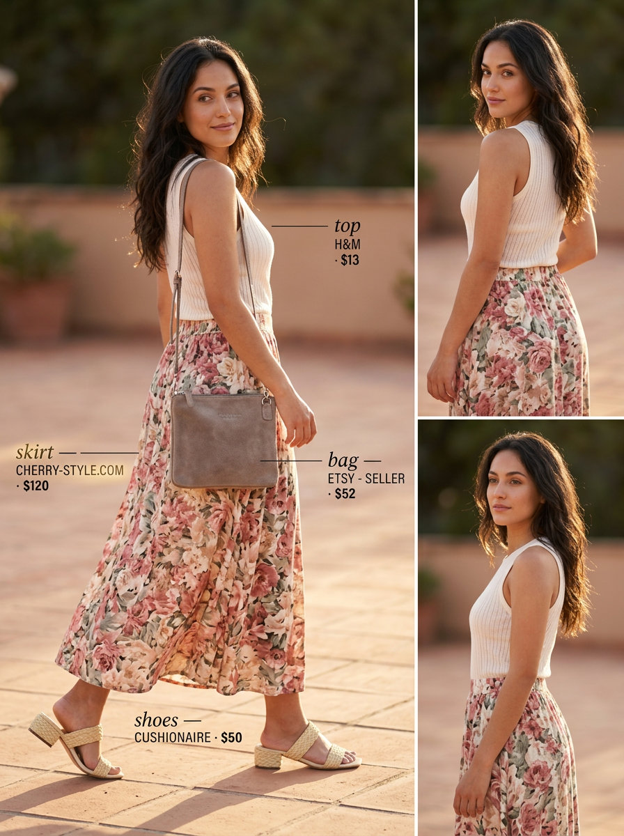 Boho floral summer outfits for women 2026: Rose floral wrap skirt, cream knit top, raffia sandals, and pendant necklace.