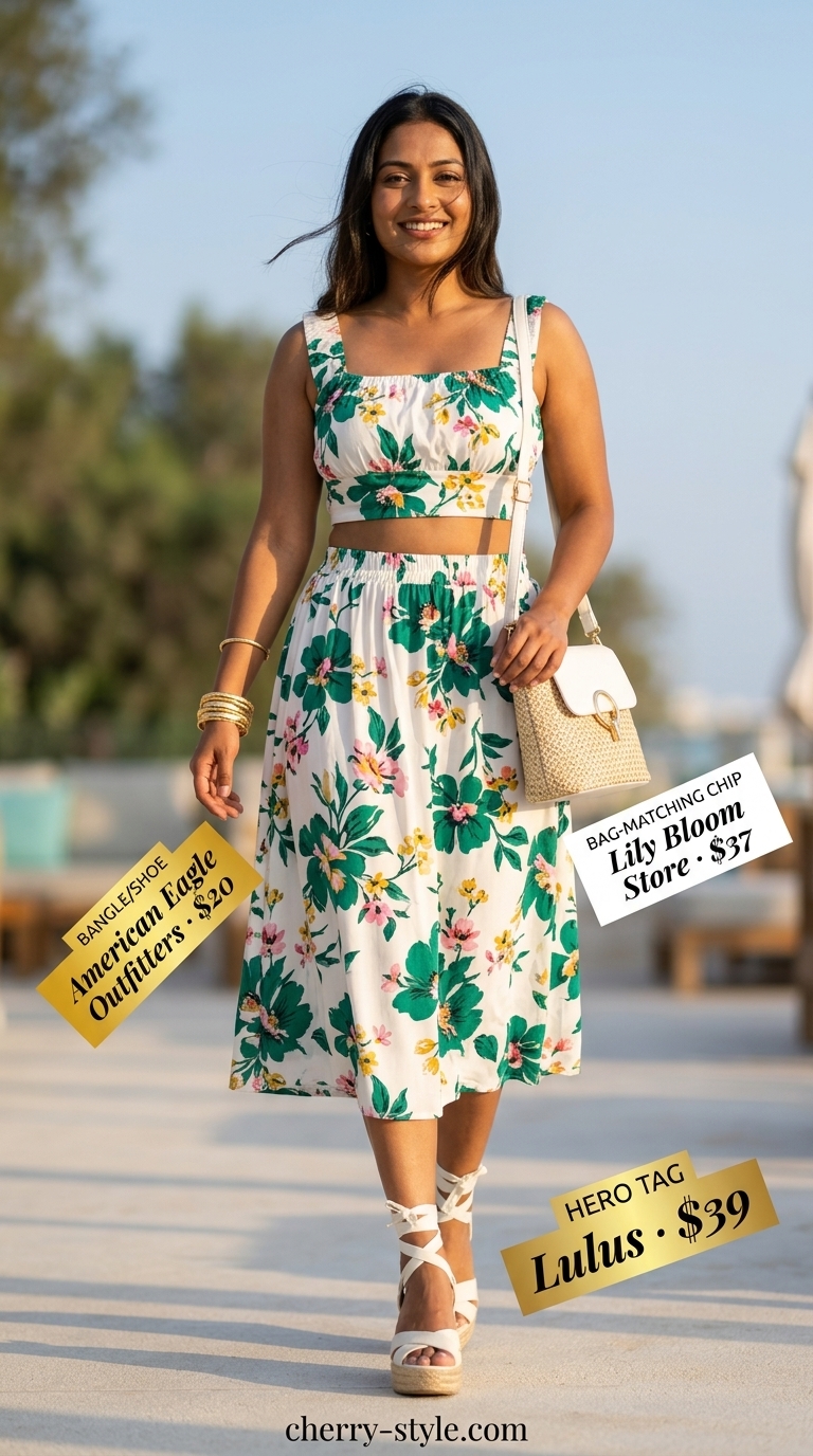Floral two-piece set outfit for bold summer fashion for women 2026. Cropped top, maxi skirt, espadrilles, straw bag, bangles.