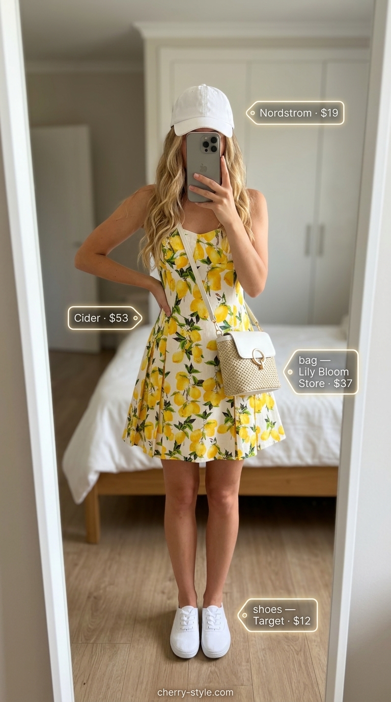 Bold summer fashion outfits for women 2026: Yellow citrus print sundress with white sneakers and straw bag.