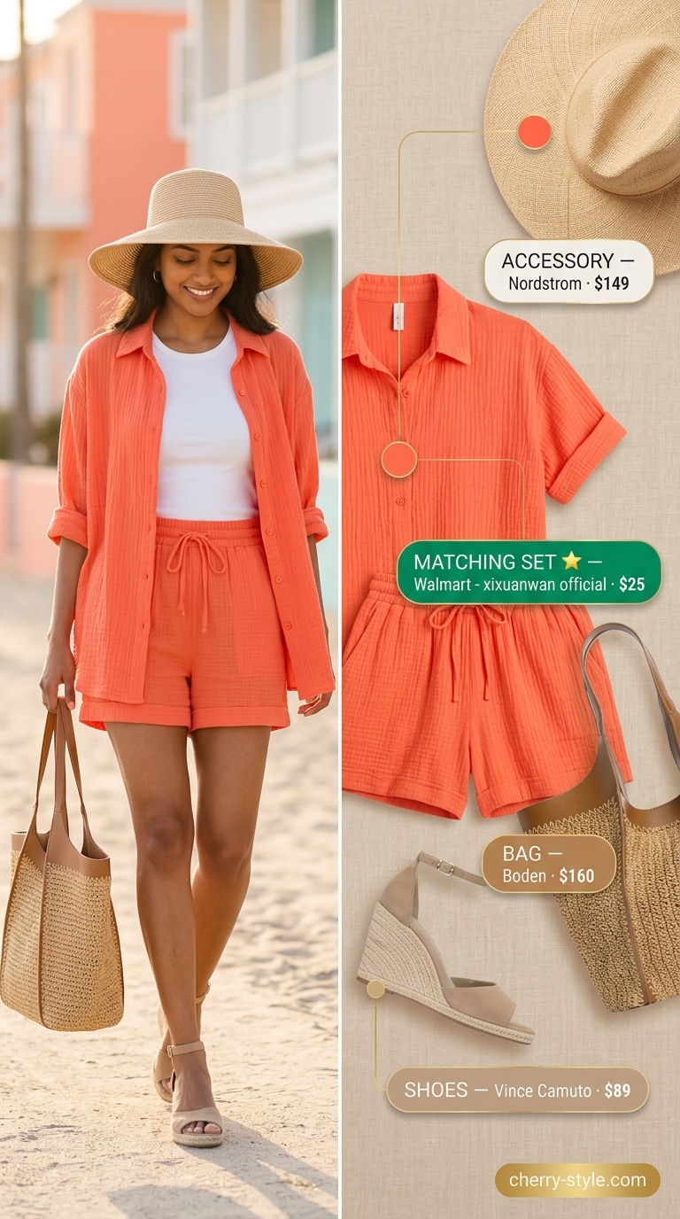 Bold summer fashion outfits for women 2026: Soft coral linen short set for breezy beach days.