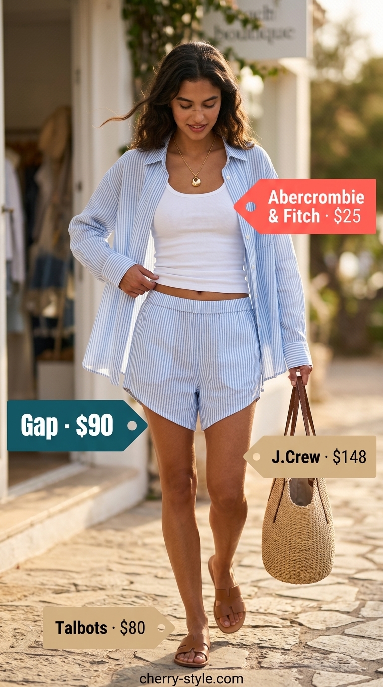 Bold summer fashion outfits for women 2026: Sky blue linen short set for relaxed coastal vacation style.