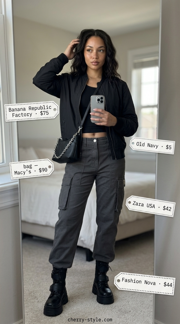 Edgy cargo pants outfit for bold summer fashion for women 2026. Black crop top, bomber jacket, combat boots, silver chain bag.