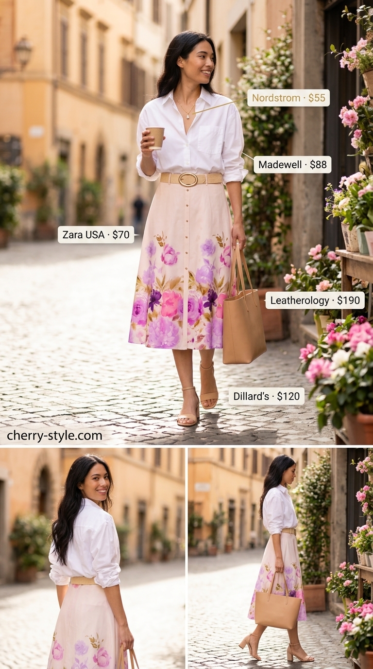 Bold summer fashion outfits for women 2026: Floral midi skirt with white button-down shirt and block heels.