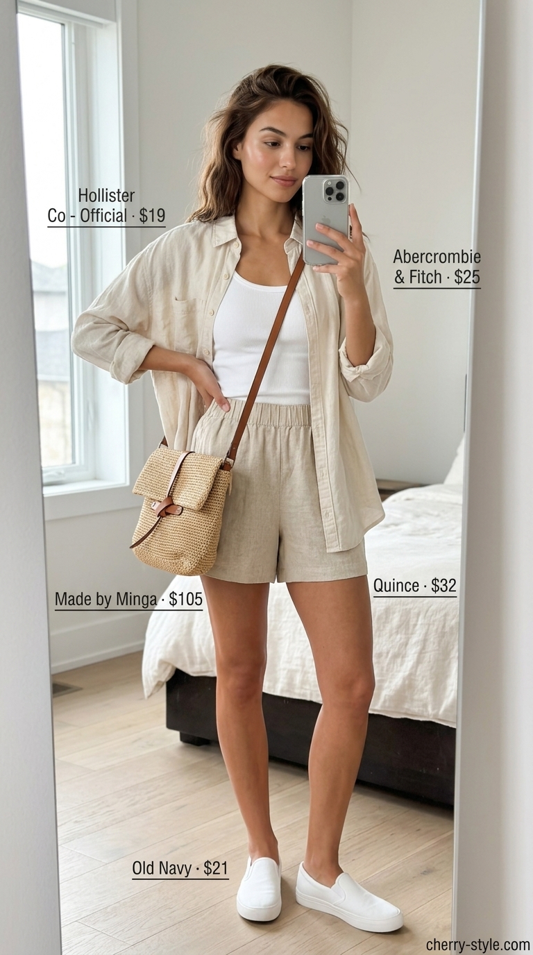 Bold summer fashion outfits for women 2026: Tan linen shorts and oversized white linen shirt for relaxed weekend style.