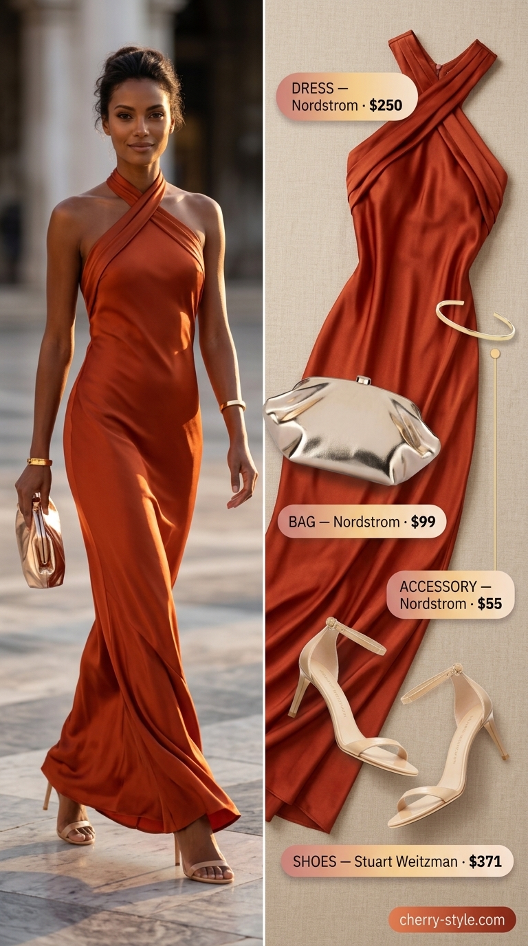 Bold summer fashion outfits for women 2026: Sunset orange maxi dress with gold accessories for evening glamour.