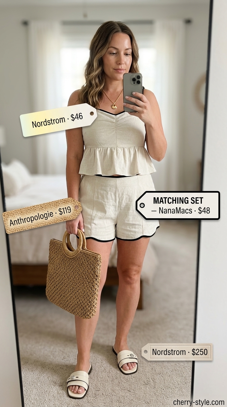 Monochrome linen set outfit for bold summer fashion for women 2026. Beige cropped tank and shorts, cream slides, gold necklace, raffia bag.