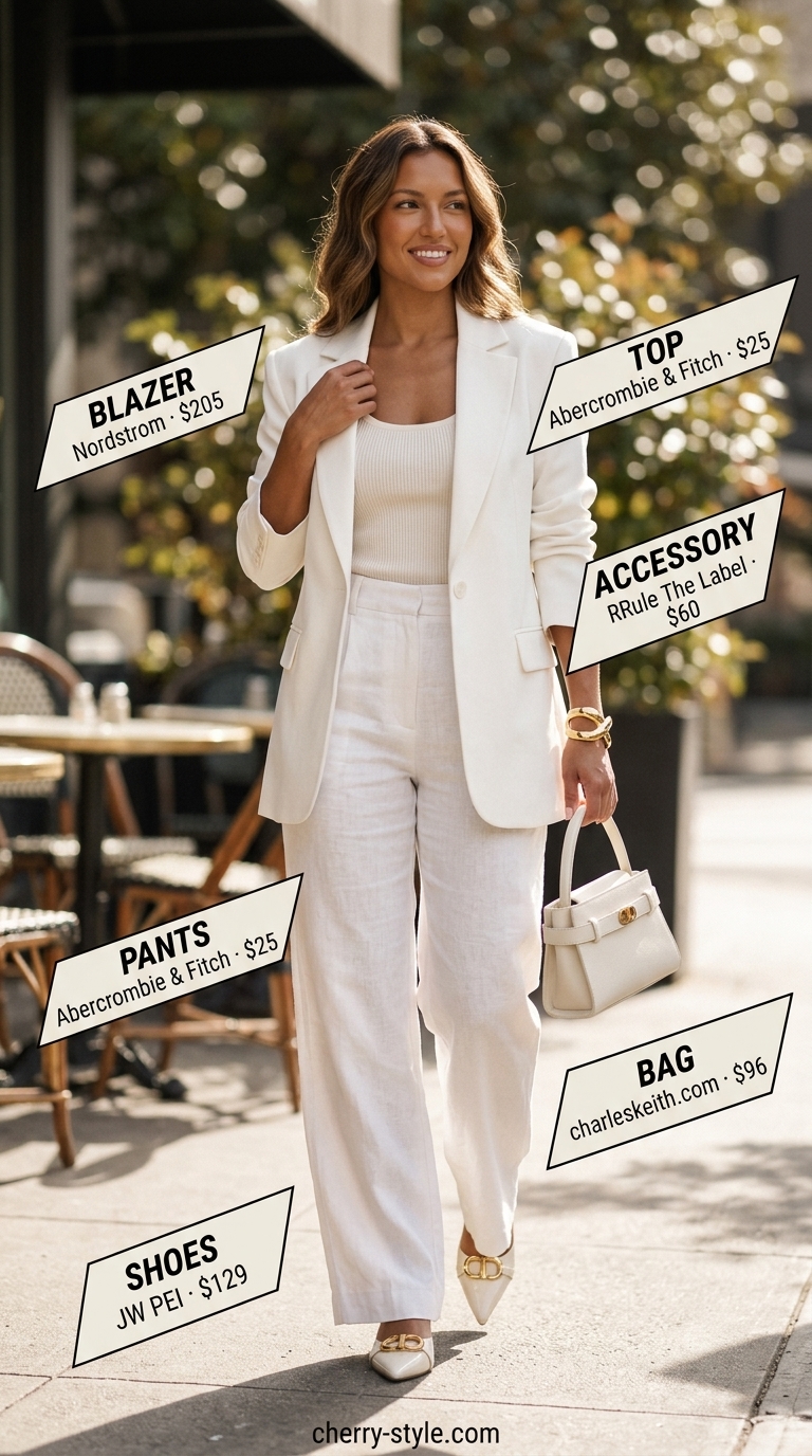 Bold summer fashion outfits for women 2026: White linen suit for sophisticated chic brunch or evening out.