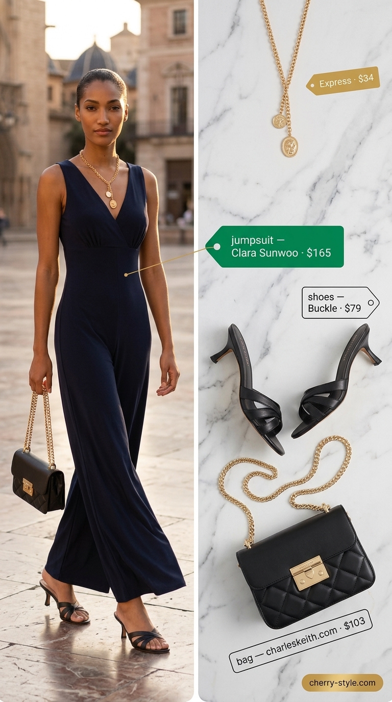 Bold summer fashion outfits for women 2026: Navy wide-leg jumpsuit with gold necklace and black heels.