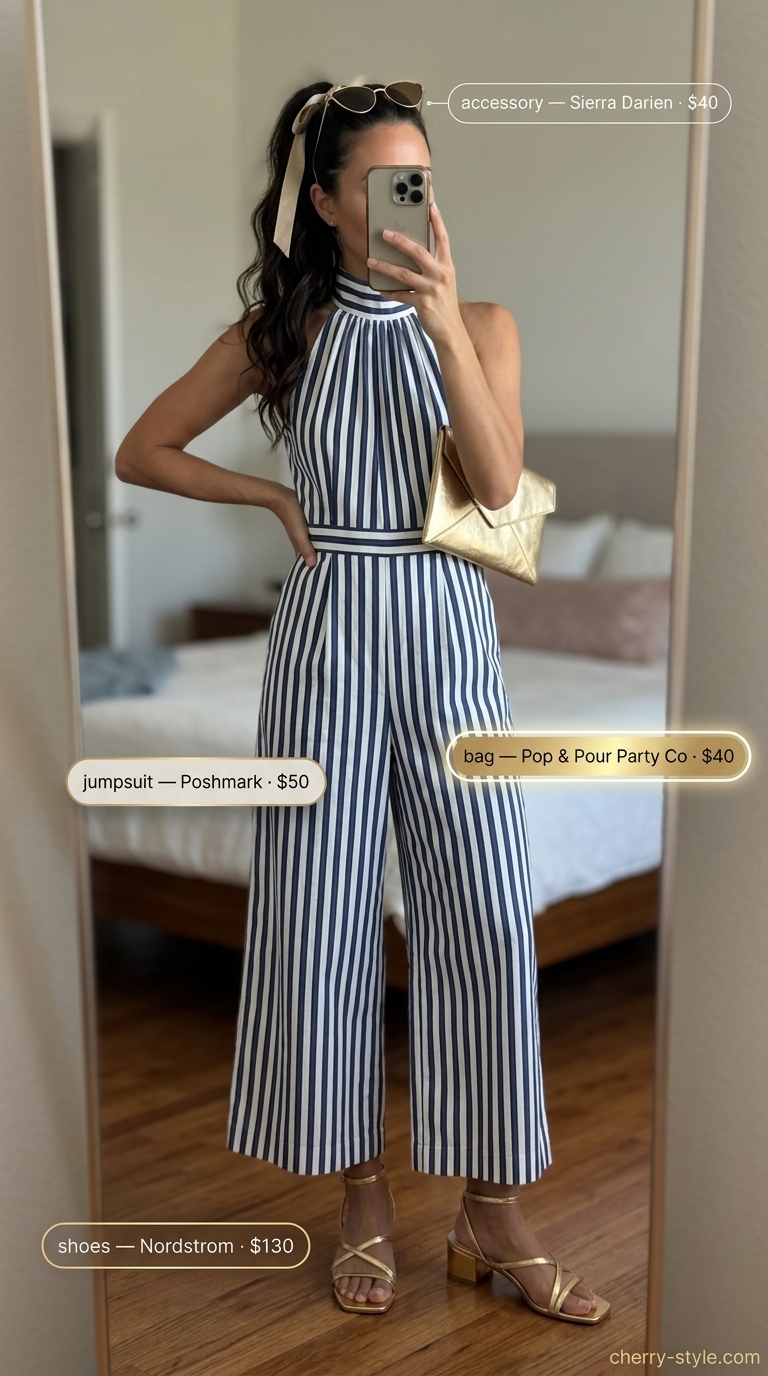 Bold summer fashion outfits for women 2026: Navy and white stripe jumpsuit for a glamorous resort dinner or cocktail party.