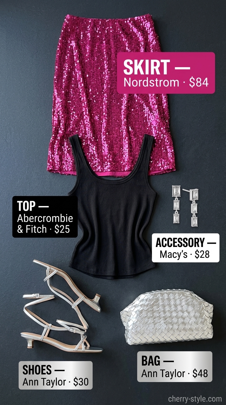 Bold summer fashion outfits for women 2026: Fuchsia sequin midi skirt with a black tank and silver heels.