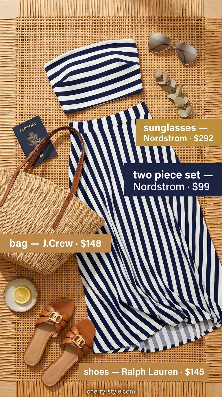 Bold summer fashion outfits for women 2026: Navy and white striped knit two-piece set with aviator sunglasses and straw tote.